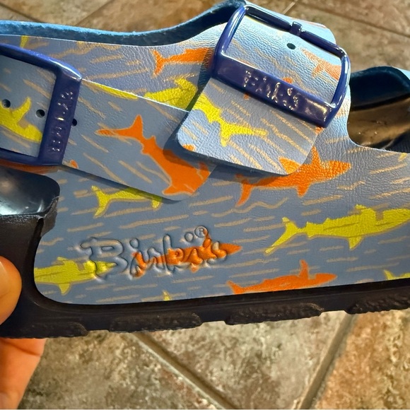 Birkis Blue Sandals with Orange and Yellow Accents size 40 - Picture 6 of 8